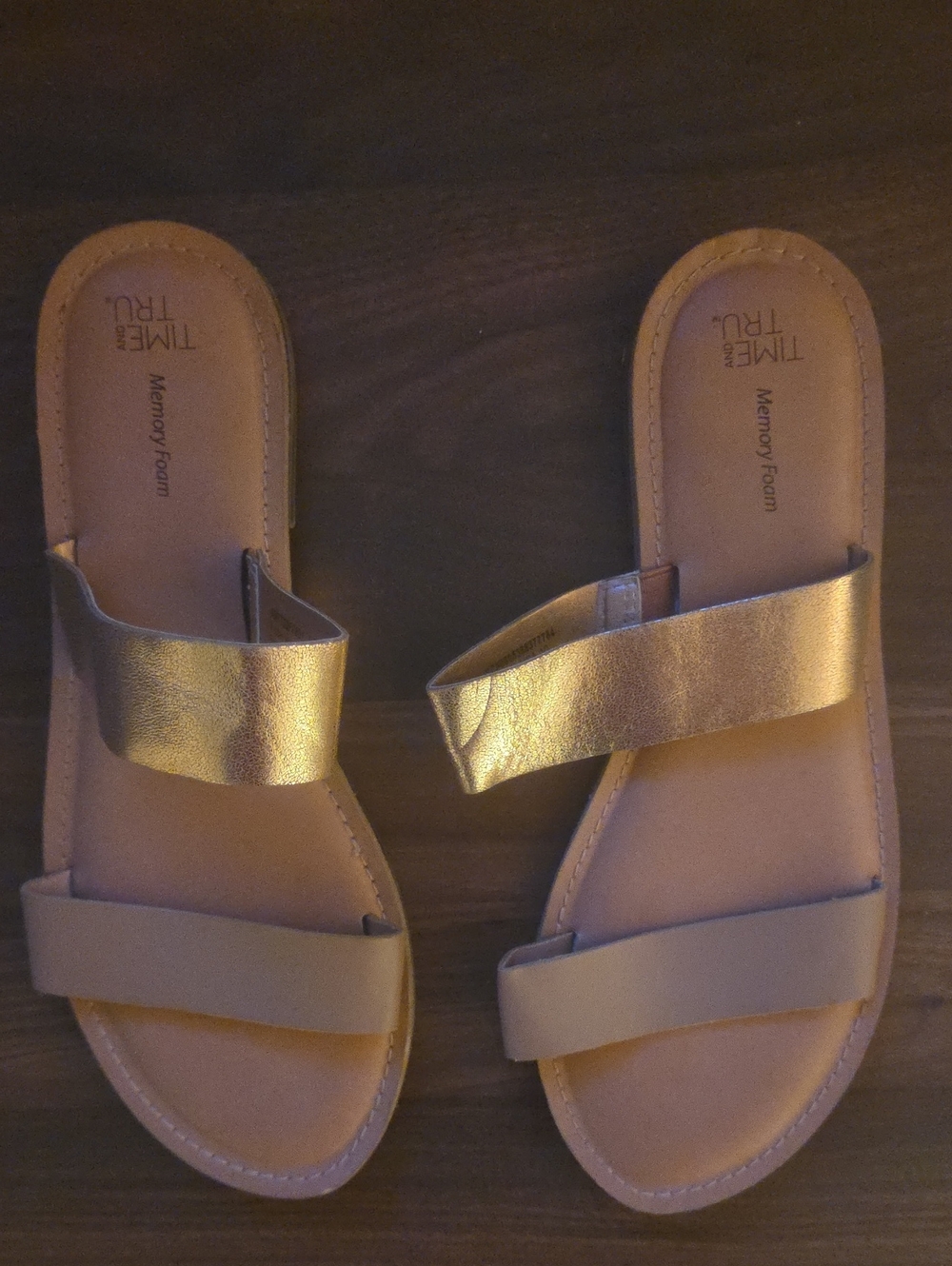 Time and Tru Metallic Gold Two-Strap Slide Sandals
